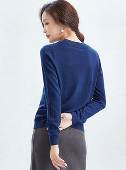 V-neck Solid Long Sleeve Pullover Sweater