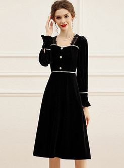 Square Neck Long Sleeve Black Velvet Dress