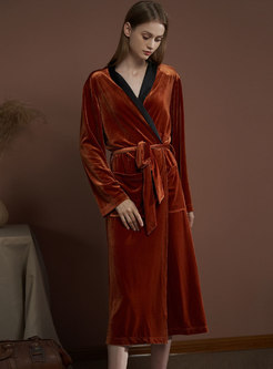Color-blocked Velvet Long Wrap Robe