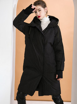 Black Hooded Straight Knee-length Down Coat