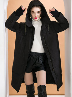 Black Hooded Straight Knee-length Down Coat