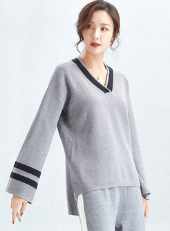 V-neck Color-blocked Pullover Loose Sweater