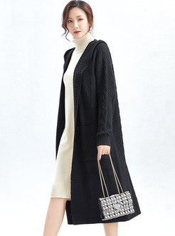 Hooded Straight Single-breasted Long Knitted Coat
