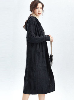 Hooded Straight Single-breasted Long Knitted Coat