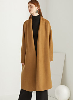 V-neck Straight Belted Long Wool Overcoat