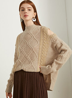 Cold Shoulder Long Sleeve Loose Cable-knit Sweater