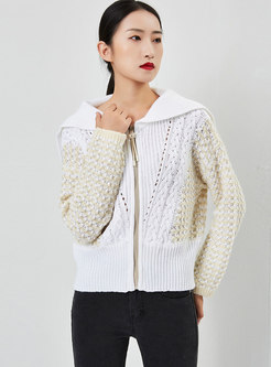 Lapel Color-blocked Openwork Cable-knit Cardigan
