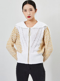 Lapel Color-blocked Openwork Cable-knit Cardigan