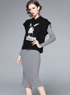 Long Sleeve Sheath Midi Sweater Dress & Cartoon Print Vest
