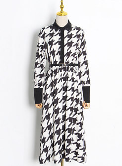 Long Sleeve Houndstooth Belted Midi Dress