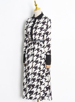 Long Sleeve Houndstooth Belted Midi Dress