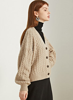 V-neck Single-breasted Cable-knit Loose Cardigan