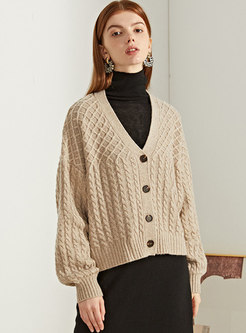 V-neck Single-breasted Cable-knit Loose Cardigan