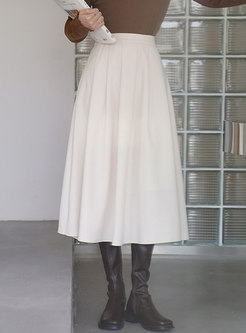 Solid High Waisted A Line Midi Pleated Skirt