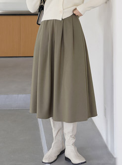 Solid High Waisted A Line Midi Pleated Skirt