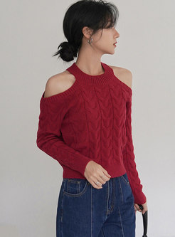 Crew Neck Cold Shoulder Pullover Cable-knit Sweater