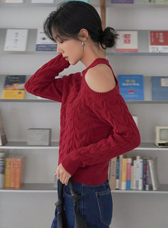 Crew Neck Cold Shoulder Pullover Cable-knit Sweater