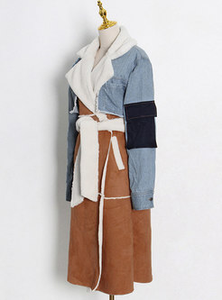 Stylish Denim Patchwork Fleece Long Overcoat