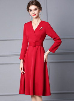 Red V-neck Long Sleeve Belted Cocktail Dress
