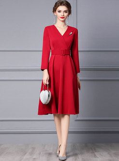 Red V-neck Long Sleeve Belted Cocktail Dress