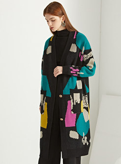 Color Blocked Loose Straight Mid-Length Wool Coat