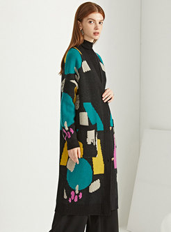 Color Blocked Loose Straight Mid-Length Wool Coat