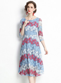 Embroidered Lace Three Quarters Sleeve Star Dress