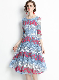 Embroidered Lace Three Quarters Sleeve Star Dress