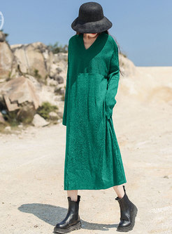 V-neck Loose Straight Long Knitted Dress