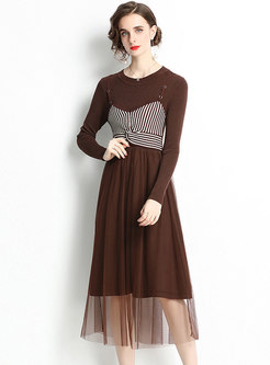 Patchwork Lace Knitted A Line Midi Dress
