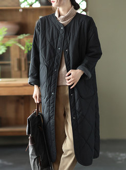 Crew Neck Single-breasted Long Straight Quilted Coat