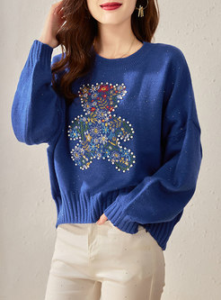 Crew Neck Embroidered Sequin Pullover Sweater