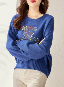 Crew Neck Embroidered Sequin Pullover Sweater