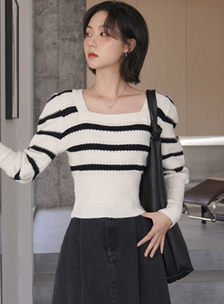 Square Neck Puff Sleeve Pullover Striped Sweater