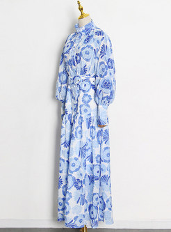 Mock Neck Print Single-breasted High Waisted Maxi Dress