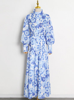 Mock Neck Print Single-breasted High Waisted Maxi Dress