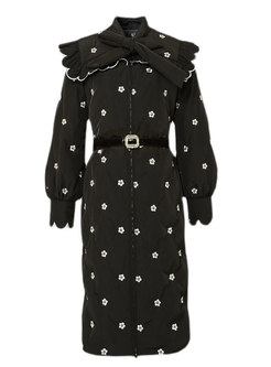 Lantern Sleeve Bowknot Embroidered Belted Down Coat