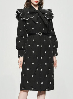 Lantern Sleeve Bowknot Embroidered Belted Down Coat