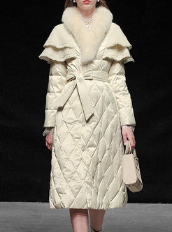 Fur Collar Shawl Ruffle A Line Long Quilted Coat