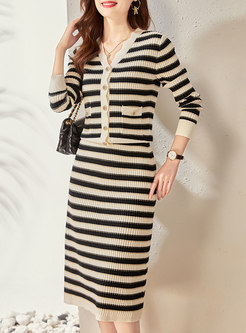 V-neck Long Sleeve Striped Midi Sweater Skirt Suits