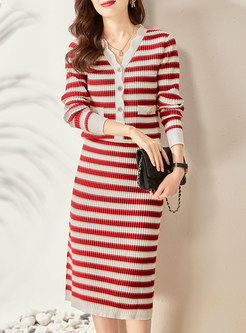 V-neck Long Sleeve Striped Midi Sweater Skirt Suits
