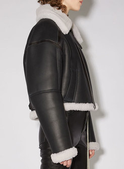 Fleece Patchwork Straight Short Leather Biker Jacket