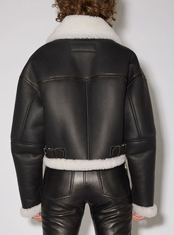 Fleece Patchwork Straight Short Leather Biker Jacket