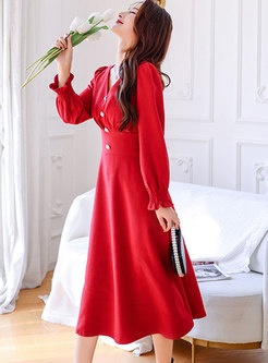 V-neck Long Sleeve Plus Size Midi Cocktail Dress