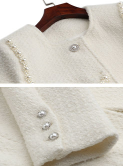 Crew Neck Pearl Buttons Short Tweed Coat