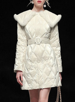 Turn-down Collar Long Sleeve Belted Quilted Coat