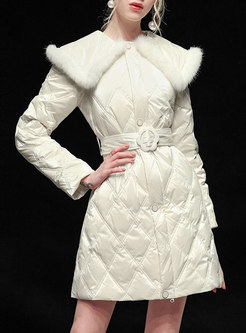 Turn-down Collar Long Sleeve Belted Quilted Coat