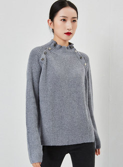 Casual Buttons Design Pullover Ribbed Sweater