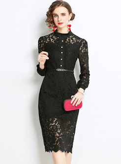 Long Sleeve Lace Openwork Belted Bodycon Dress