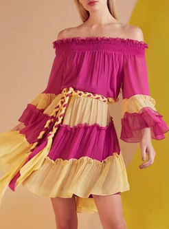 Off-the-shoulder Color-blocked Mini Boho Dress